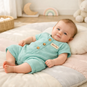 سرهمی نخی سبزآبی با دکمههای چوبی Mini poo